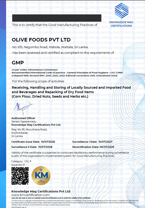 GMP certificate KMC-LK-20100098-OFPL issued to Olive Foods (Pvt) Ltd by Knowledge Mag Certifications
